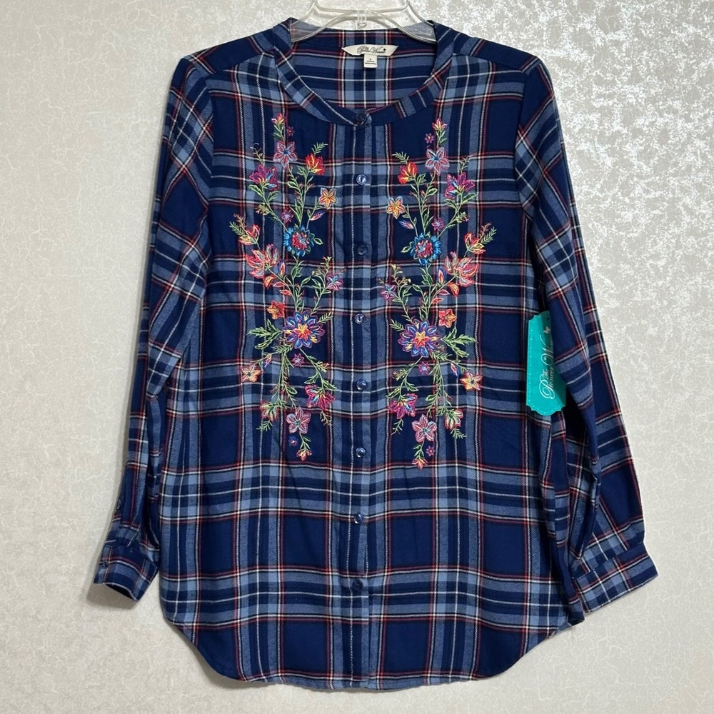 Pioneer Woman Floral Embroidered Plaid Button Front Blouse Navy Cottage‎ NWT S